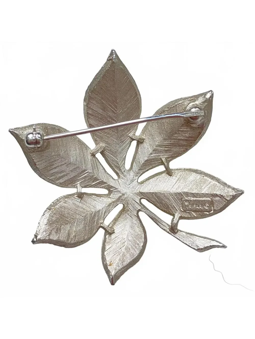 Crown Trifari Leaf Brooch Silver Tone Vintage Signed